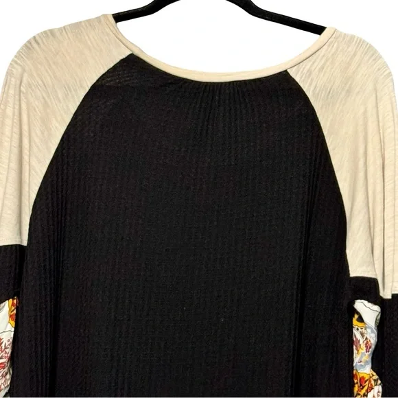 Umgee Oversized Waffle Knit Ballon Sleeve Mixed Media Bohemian Blouse Top - Picture 7 of 10